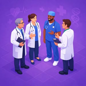 isometric generate an image of a group of doctors talking to each other make the background theme for this image purple colour
