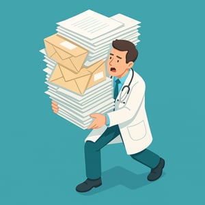 isometric Generate an image of a doctor carrying lots of paperwork and letters Make the background theme of the image blueturquoise colour-1