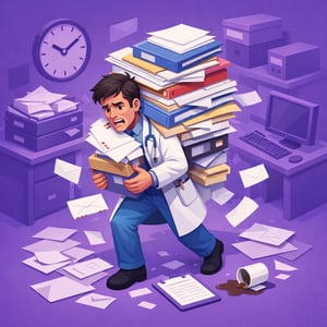 isometric Generate an image of a doctor carrying lots of paperwork and letters Make the background theme of the image purple colour1