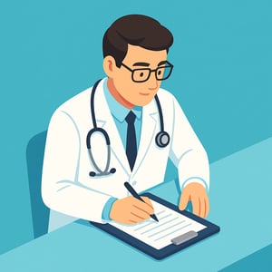 isometric Generate an image of a doctor taking patient notes Make the background theme of the image blueturquoise colour-1