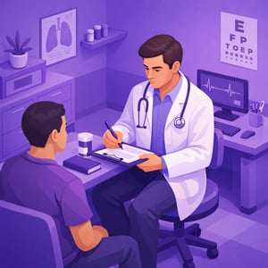isometric Generate an image of a doctor taking patient notes Make the background theme of the image purple colour1