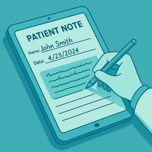 isometric Generate me an image of a patient note halfwritten by a doctor The patient note should be on an ipad device The theme of the image should be