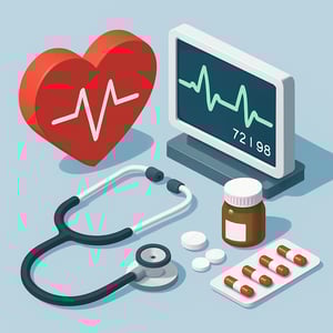 isometric The image features a collection of medical items including a large red heart with a heartbeat line a stethoscope a monitor displaying hea-1