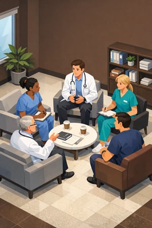 isometric The image shows a group of healthcare professionals engaged in a discussion They are seated in a modern welllit environment likely in a hosp-1-1