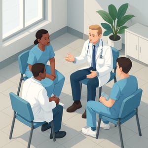 isometric The image shows a group of healthcare professionals engaged in a discussion They are seated in a modern welllit environment likely in a hosp-1