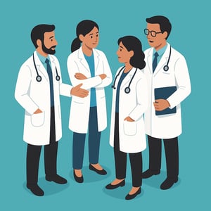 isometric generate an image of a group of doctors talking to each other make the background theme for this image blueturquoise colour