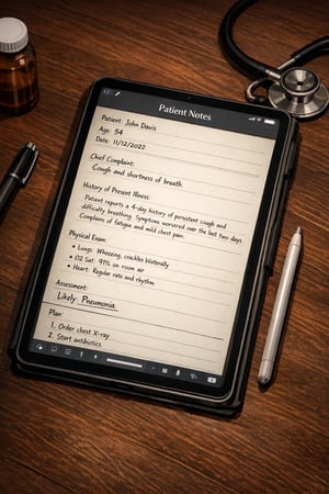 isometric isometric Generate me an image of a patient note halfwritten by a doctor The patient note should be on an ipad device The theme of the image-3