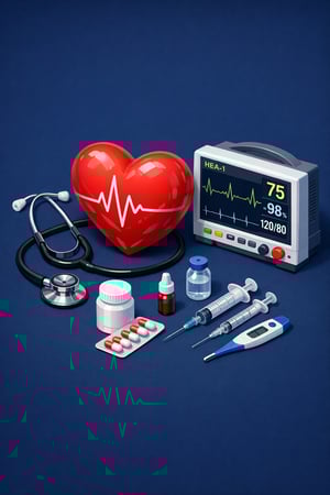 isometric isometric The image features a collection of medical items including a large red heart with a heartbeat line a stethoscope a monitor display