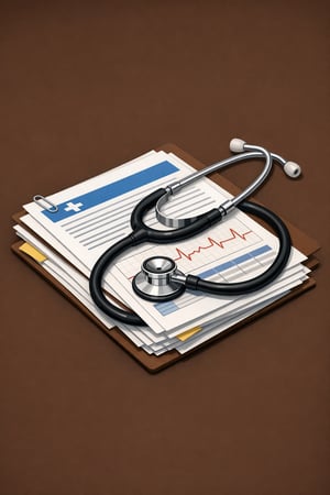 isometric isometric The image features a stethoscope resting on top of medical documents The stethoscope is metallic with a black tubing and the paper-3