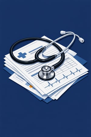 isometric isometric The image features a stethoscope resting on top of medical documents The stethoscope is metallic with a black tubing and the paper