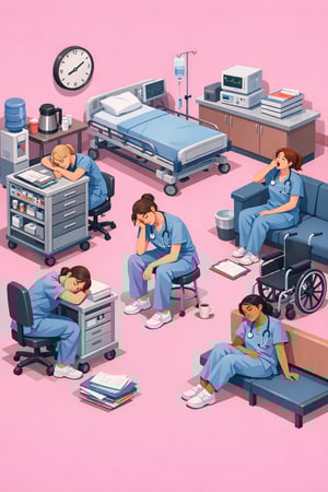 isometric isometric when tiredness began for nurses with pink background