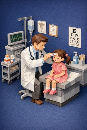 isometric origami generate an image of a white male doctor checking the temperature of a young female child patient in a hospital clinic The female ch