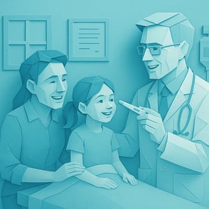 origami generate an image of a white male doctor checking the temperature of a young female child patient in a hospital clinic The female child patien-2